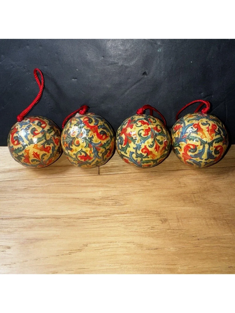 Set of 4 Vintage Floral Christmas Tree Ornaments 2.5” Decoupage Baubles Hanging